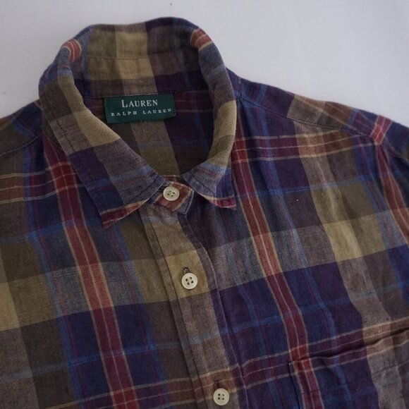 Lauren Ralph Lauren Purple Maroon Plaid Linen Blend Button Up Shirt M - Picture 11 of 12